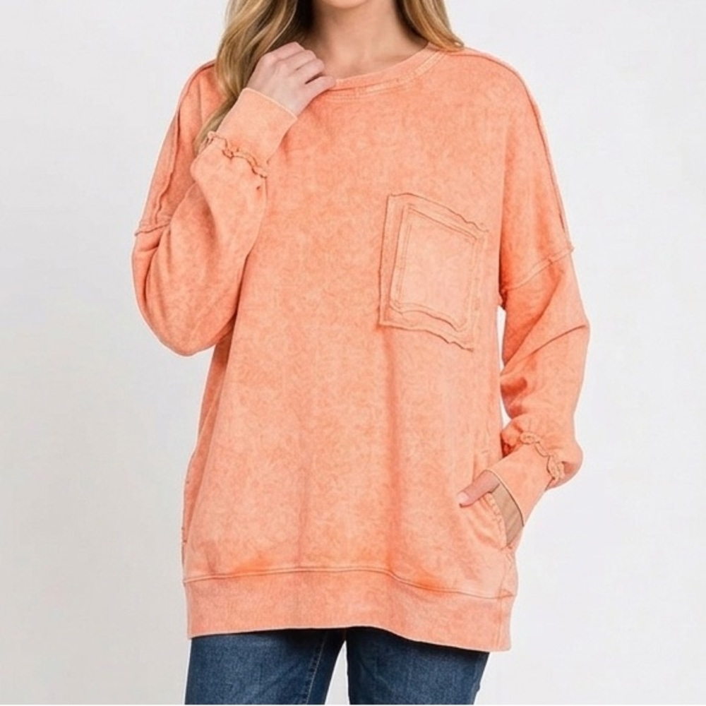 NWT Zenana Neon Orange Acid Wash French Terry Oversized Crewneck Sweatshirt